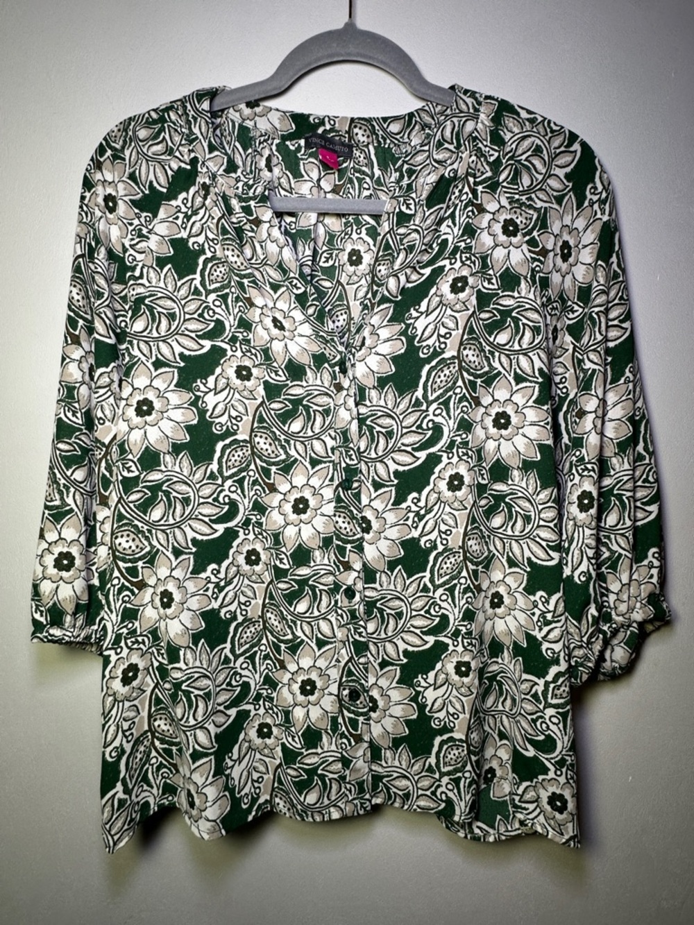 Vince Camuto Floral Split Neckline Button Front Blouse White Small Office